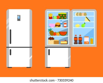Full of food opened and close refrigerator. Fridge and fruit, freezer and vegetable. Flat design Vector Illustration