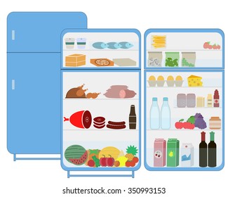 Full of Food Opened Refrigerator. Flat design vector illustration.