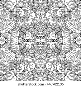 Full frame beautiful symmetrical seamless background filled with spiral  leafy shapes in black and white for floral invitation card template