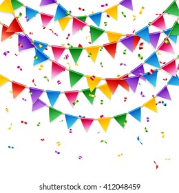 Full frame celebration card template with red, blue, purple, yellow and green triangular flags hanging on white background