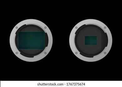 Full frame and crop image sensor. Vector illustration. Part of camera.