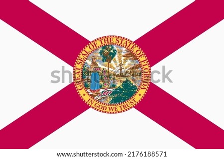 Full frame flag of Florida, symbol of USA state. Connecticut federal flag backdrop, red St. Andrew's Cross, on white background. American patriotic element realistic vector illustration