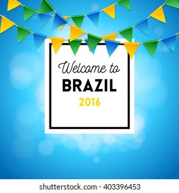 Full frame gradient square behind welcome to Brazil black outline banner decorated with green and yellow triangular flags