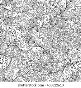 Full frame outline of elegant seamless pattern with shapes of hearts  flowers  leaves and intricate lines