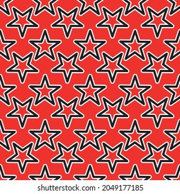 Full frame seamless background vector illustration with rows of geometric stars depicted on bright red surface