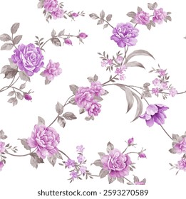 full frame, seamless floral pattern on a white background. The pattern features a variety of delicate, stylized roses and small blossoms in shades of pink, red, blue, green, cyan and yellow.