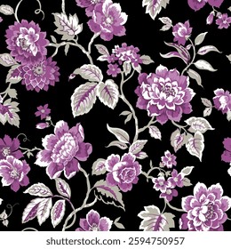 Full frame, seamless floral pattern on a black background. The pattern features various shades of green, blue, yellow, cyan, pink and red on the petals, creating a textured effect.