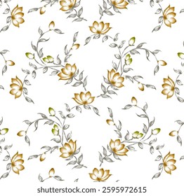 Full frame, seamless floral pattern. shade of red, blue, green, cyan, yellow and pink vines brush stroke hand made flowers are arranged on white background. 