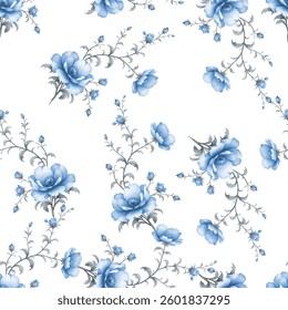 Full frame, seamless floral pattern on a white background. The pattern features stylized, detailed flowers arranged in bunches, with delicate, grey-toned stems and leaves.