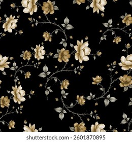 Full frame seamless floral pattern. A repeating pattern of small, detailed roses on a black background. Each rose is a light color, with delicate shading and detail.