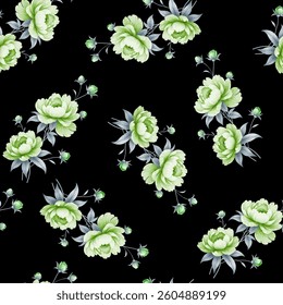 Full frame, seamless floral pattern. The pattern is composed of various bouquets of digitally rendered, stylized peonies. The flowers are in shades of light and have a slightly blush, light.
