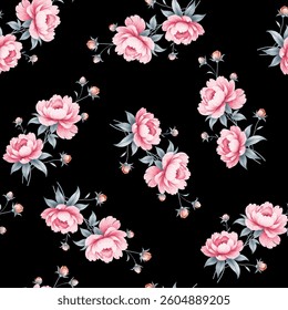 Full frame, seamless floral pattern. The pattern is composed of various bouquets of digitally rendered, stylized peonies. The flowers are in shades of light and have a slightly blush, light.