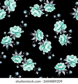 Full frame, seamless floral pattern. The pattern is composed of various bouquets of digitally rendered, stylized peonies. The flowers are in shades of light and have a slightly blush, light.
