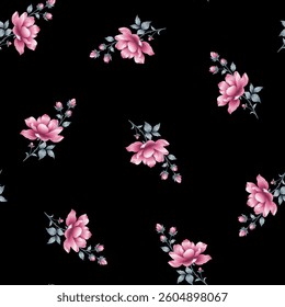 Full frame, seamless floral pattern. rose like flowers are arranged in a repeating pattern against a black background. Each flower is part of a small bouquet.