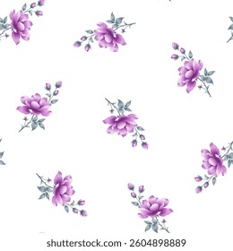 Full frame, seamless floral pattern. rose like flowers are arranged in a repeating pattern against a plain white background. Each flower is part of a small bouquet.