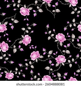 Full frame, seamless pattern of delicate roses on a black background. The roses are various shades of light color, with detailed petals and centers. Small, light color rosebuds are interspersed.