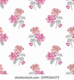 Full frame, seamless pattern of floral bouquet illustrations. The pattern features clusters of stylized flowers and leaves against a white background. 