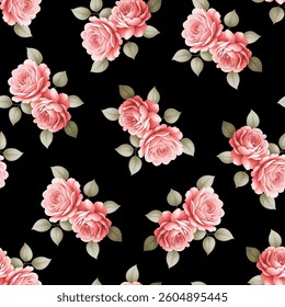Full frame seamless pattern of pastel roses on a black background. The roses are detailed, showing petals with subtle shading and texture.  They are arranged in clusters of two or three blossoms.