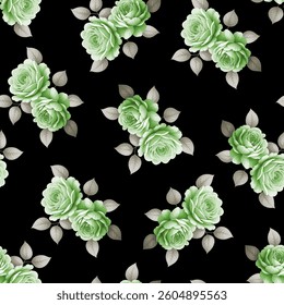 Full frame seamless pattern of pastel roses on a black background. The roses are detailed, showing petals with subtle shading and texture.  They are arranged in clusters of two or three blossoms.