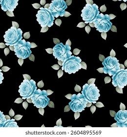 Full frame seamless pattern of pastel roses on a black background. The roses are detailed, showing petals with subtle shading and texture.  They are arranged in clusters of two or three blossoms.