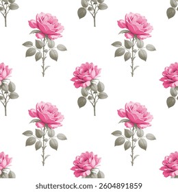 Full frame, seamless pattern of roses. The roses are a light, pastel color, with detailed petals.  The leaves surrounding the rose blossoms are a muted color, with a slightly textured appear.