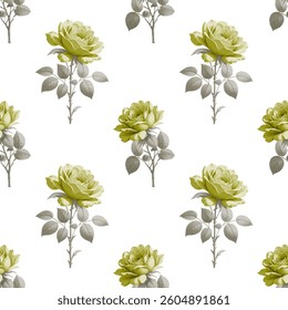 Full frame, seamless pattern of roses. The roses are a light, pastel color, with detailed petals.  The leaves surrounding the rose blossoms are a muted color, with a slightly textured appear.