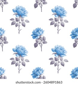 Full frame, seamless pattern of roses. The roses are a light, pastel color, with detailed petals.  The leaves surrounding the rose blossoms are a muted color, with a slightly textured appear.