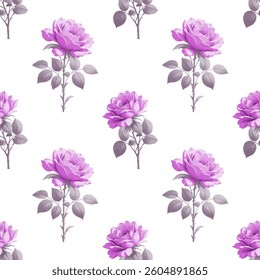 Full frame, seamless pattern of roses. The roses are a light, pastel color, with detailed petals.  The leaves surrounding the rose blossoms are a muted color, with a slightly textured appear.