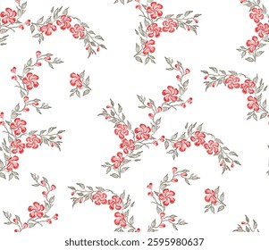 Full frame, seamless pattern of small, stylized floral sprigs. The pattern consists of repeating designs of delicate, branching stems with small blooms and leaves.