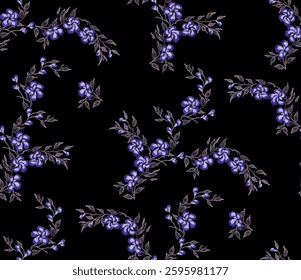Full frame, seamless pattern of small, stylized red flowers arranged on a black background. The flowers have a slightly rounded.