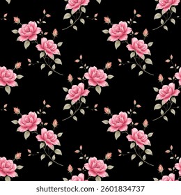 Full frame, seamless pattern of small, delicate pink roses on a black background. The roses are rendered in a detailed, slightly stylized floral style, showing the petal structure and subtle shading.
