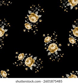 Full frame seamless pattern of small bouquets of pale coral-pink roses on a black background. Each bouquet features multiple rose blossoms, differing slightly in shade and detail, with soft.