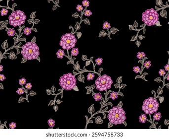 Full frame, seamless pattern of stylized, pink flowers on a black background. The flowers are a green, blue, cyan, pink, yellow and red colored cluster of petals.