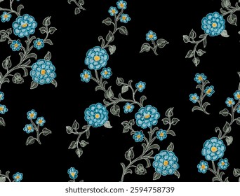 Full frame, seamless pattern of stylized, pink flowers on a black background. The flowers are a green, blue, cyan, pink, yellow and red colored cluster of petals.