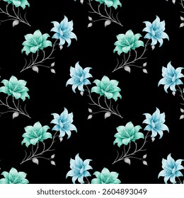 Full frame seamless pattern of stylized flowers on a black background. The flowers are a mix of light color hues. Their form is a slightly elongated, rounded, and texture.