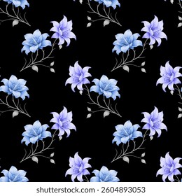 Full frame seamless pattern of stylized flowers on a black background. The flowers are a mix of light color hues. Their form is a slightly elongated, rounded, and texture.