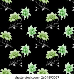 Full frame seamless pattern of stylized flowers on a black background. The flowers are a mix of light color hues. Their form is a slightly elongated, rounded, and texture.