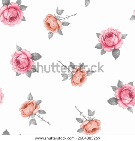 Full frame, seamless pattern of stylized roses. The pattern consists of a repeating arrangement of light toned roses on a white background. 