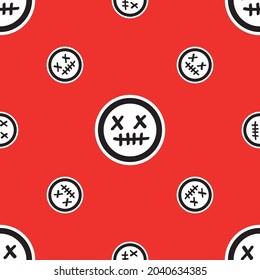 Full frame seamless pattern vector illustration with dead face repetitive emoji faces arranged in rows on bright red background for package and other printed designs