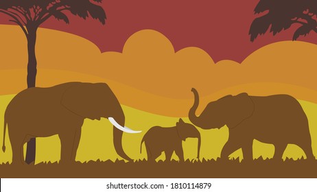 Full frame silhouette family of elephant in the grassland on multicolor background.