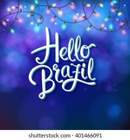 Full frame square Hello Brazil background icon with red, green and yellow Christmas holiday electrical lights around it