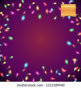Full frame square purple background with red, green, blue, pink and yellow holiday electrical lights around it. With label for your text.