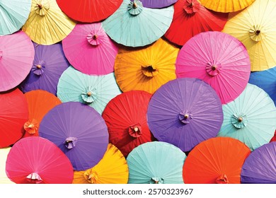 Full frame umbrellas are vary colorful background. wallpaper, art deco, bright, handmade, interiors, umbrella, outdoors, multicolored, full frame, green, orange, purple.