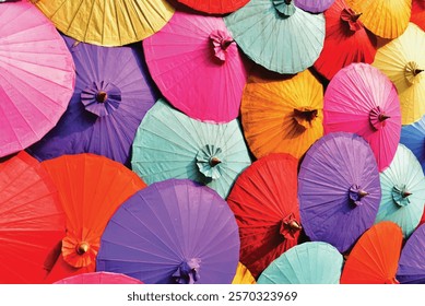 Full frame umbrellas are vary colorful background. wallpaper, art deco, bright, handmade, interiors, umbrella, outdoors, multicolored, full frame, green, orange, purple.