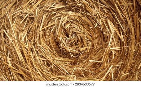Full frame vector of a round dry hay bale texture, showing an intricate spiral pattern of golden yellow straw stalks in a circular agricultural pattern on a rural farm in the countryside.
