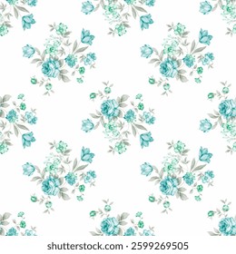 Full frame view of a floral seamless pattern. The design features bouquets of various flowers primarily roses and tulips in soft muted colors.