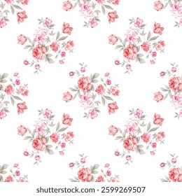 Full frame view of a floral seamless pattern. The design features bouquets of various flowers primarily roses and tulips in soft muted colors.