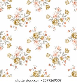 Full frame view of a floral seamless pattern. The design features bouquets of various flowers primarily roses and tulips in soft muted colors.