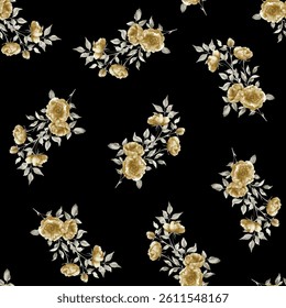 Full frame view of a seamless floral pattern. The pattern consists of small bouquets of roses, each with several blossoms in varying shades of light and bright color and leaves.