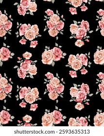 Full frame view of a seamless repeating pattern The pattern consists of light mint green rose bouquets arranged on a black background  Each rose bouquet is composed of multiple roses.